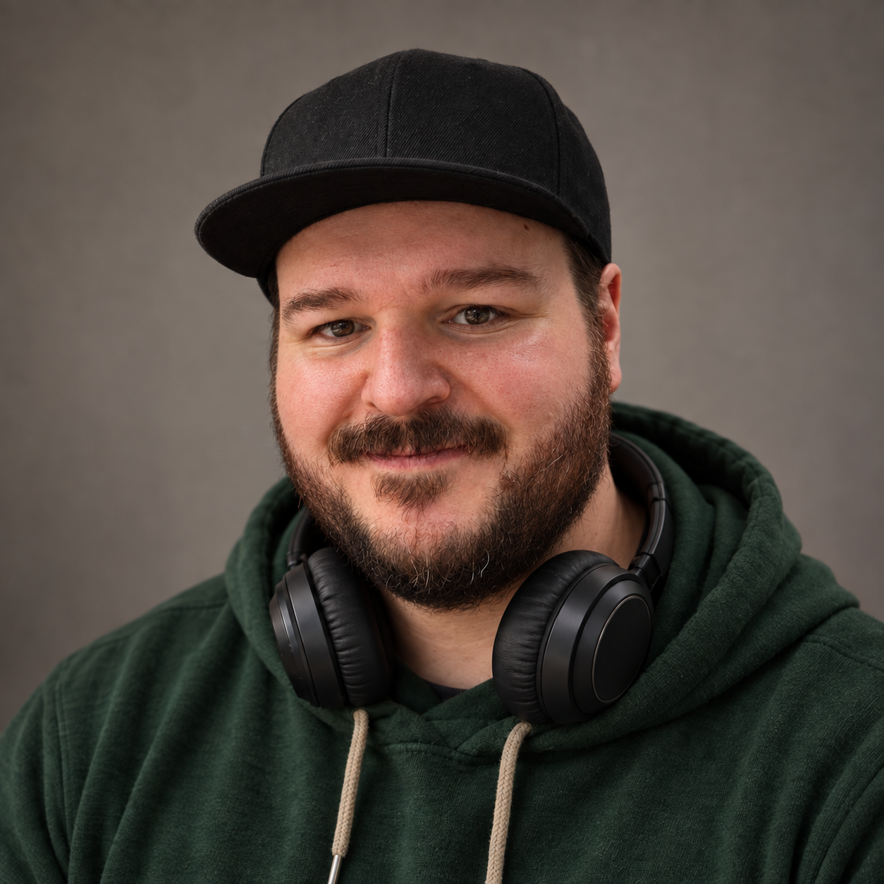 Badger, author of The Preserver Saga, wearing a dark green hoodie, black cap, and headphones.