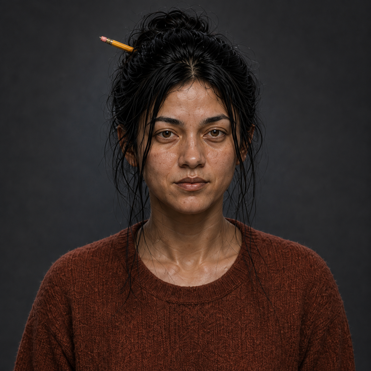 Leah as an adult, with dark hair in a pencil-held bun and a rust-colored sweater.
