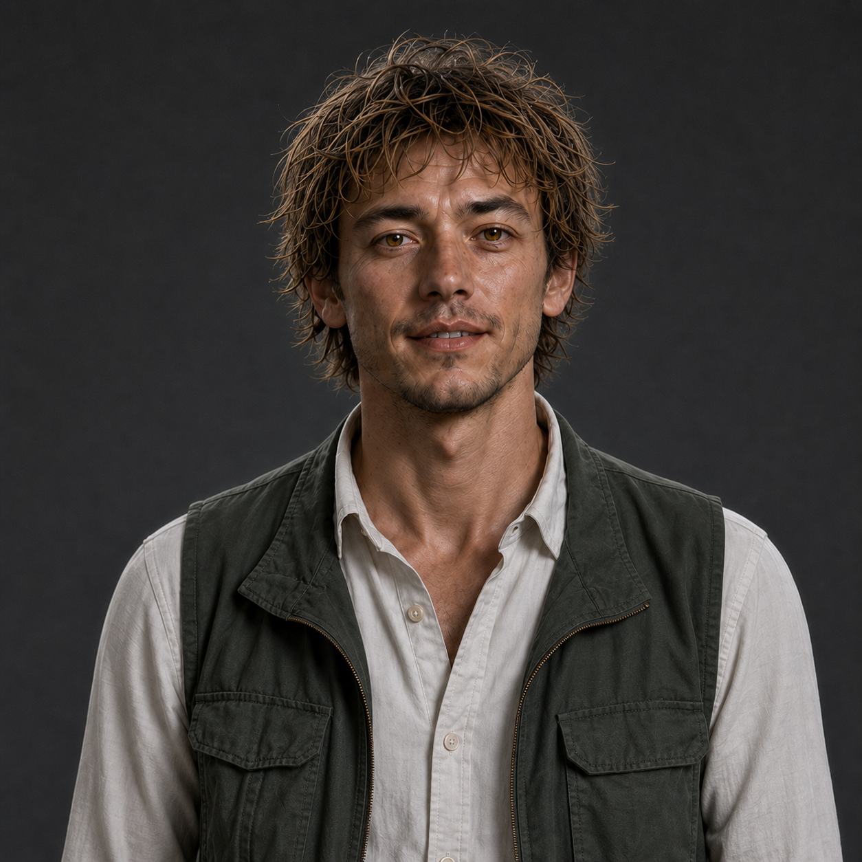Owen as an adult, with tousled sandy hair, a white shirt, and an olive utility vest.