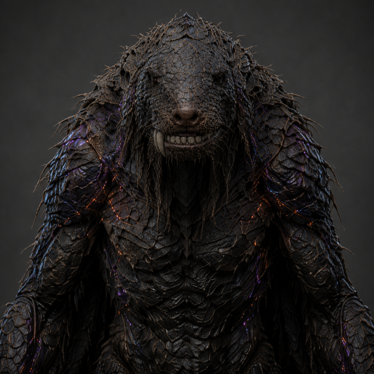 The Supreme Vool, with a dark scaled face, a coarse biological mantle, and restrained red, blue, and violet accents.