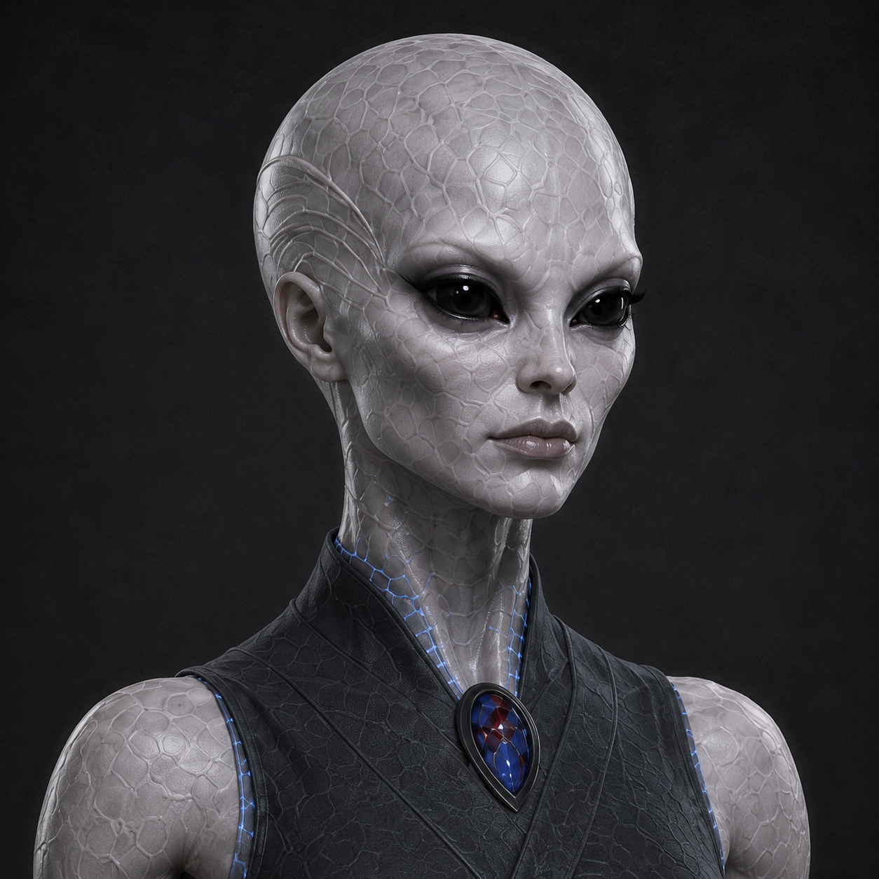 Zevra, a Zorthanian scientist with pale crystalline-patterned skin, dark eyes, and a charcoal garment.