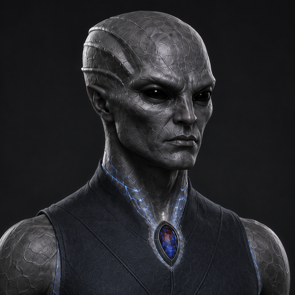 Zhaarek in unarmored command attire, with graphite-gray skin, fully black eyes, swept-back head ridges, and a small throat ornament.