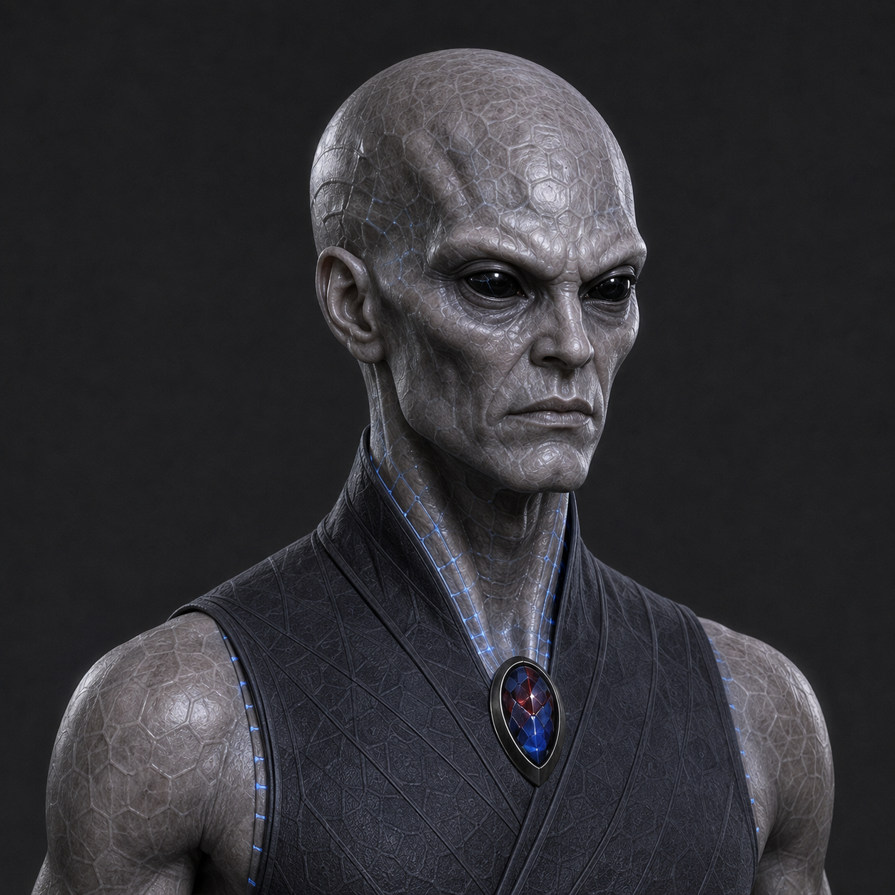 Zorren, an elder Zorthanian with an angular face, pale crystalline-patterned skin, and dark eyes.