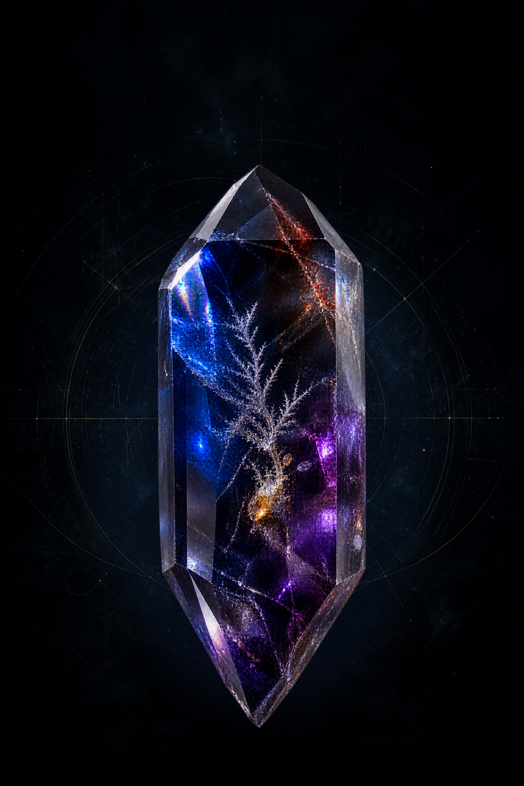 A fractured crystal lit by blue, violet, and gold light